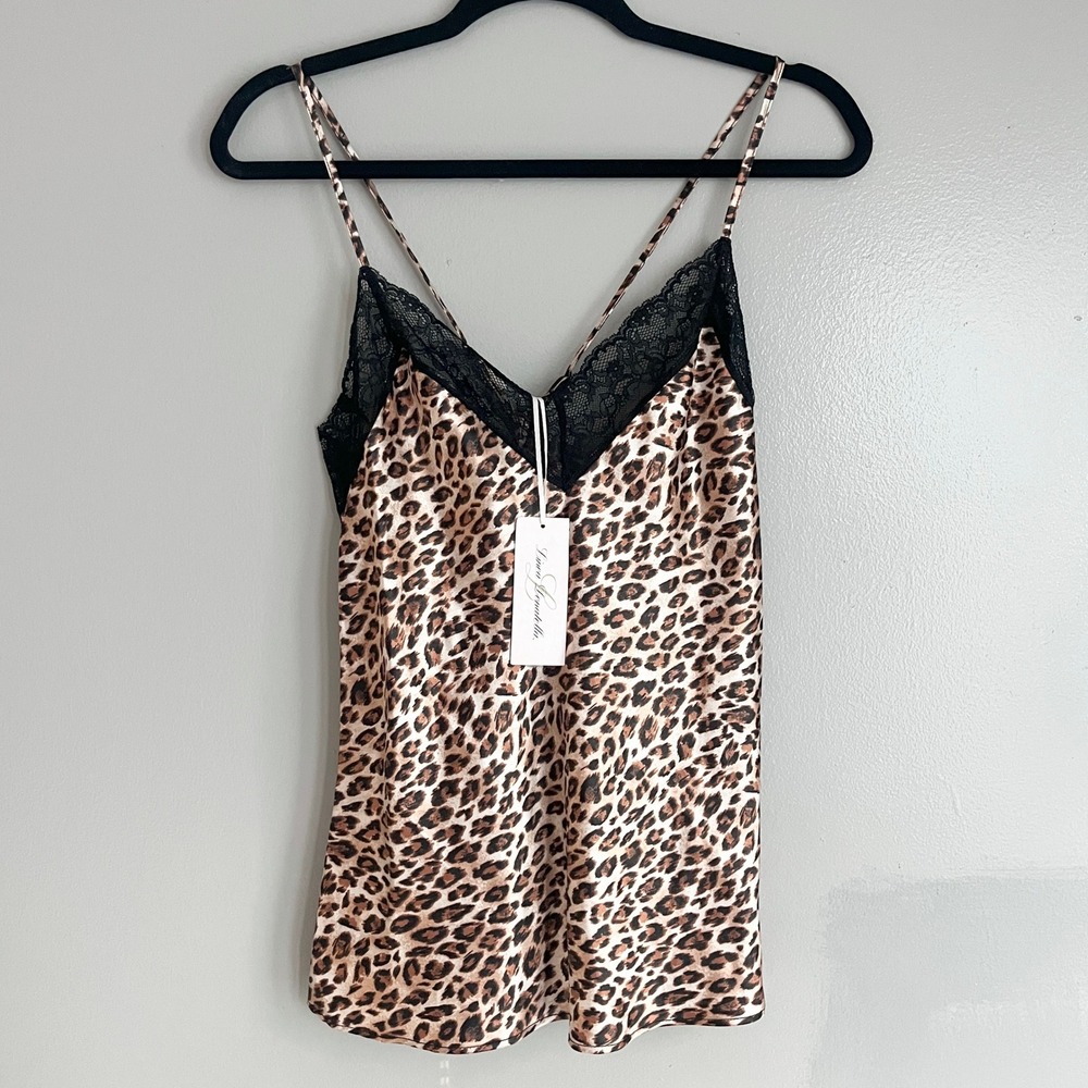 Linea Donatella Camisole Women M Brown Leopard Satin Lace Trim Animal Print NWT